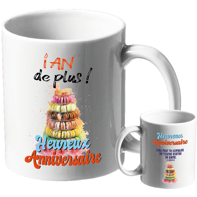 MUG BLANC ANNIVERSAIRE. 2 CORINTHIENS 9.8