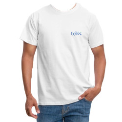TEE-SHIRT COTON BLANC - ICHTUS SON OF GOD AND SAVIOR. MARQUAGE BLEU PAILLETE