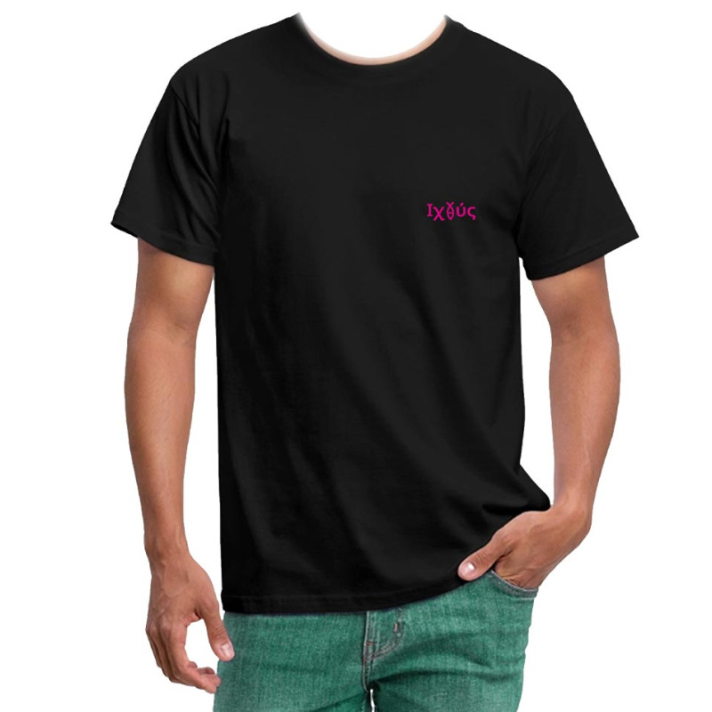 TEE-SHIRT COTON NOIR- ICHTUS SON OF GOD AND SAVIOR. FUCHSIA