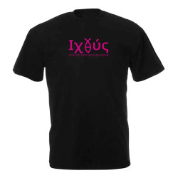 TEE-SHIRT COTON NOIR- ICHTUS SON OF GOD AND SAVIOR. FUCHSIA