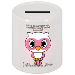 TIRELIRE CERAMIQUE CHOUETTE BLANCHE ROSE