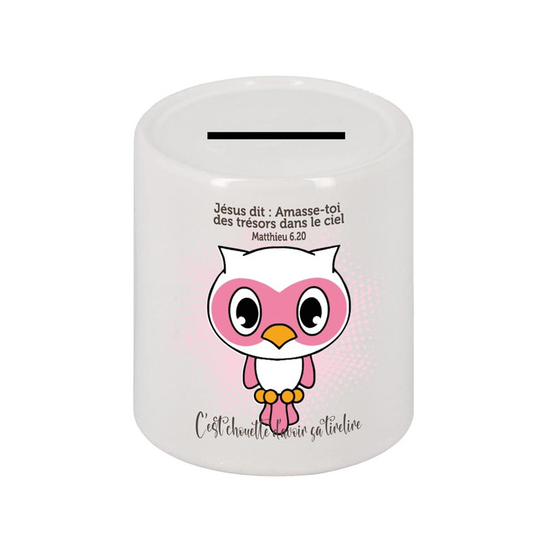 TIRELIRE CERAMIQUE CHOUETTE BLANCHE ROSE