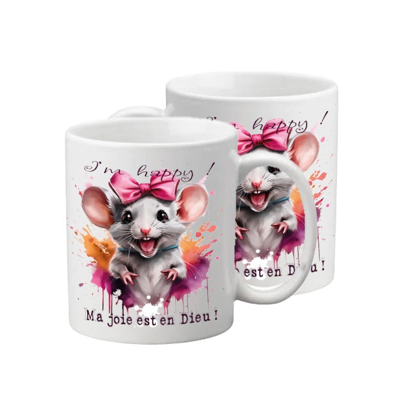 PETITE SOURIS AVEC NOEUD ROSE TASSE POLYMERE ENFANT