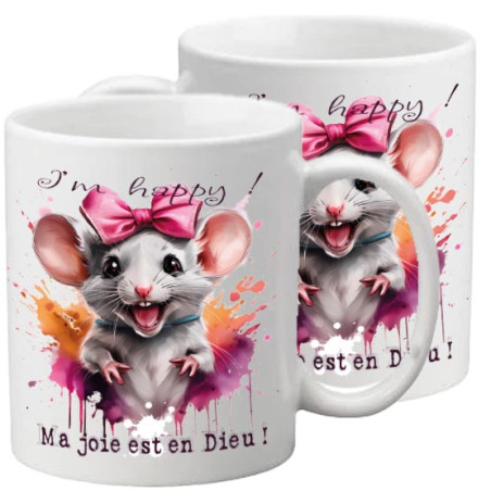PETITE SOURIS AVEC NOEUD ROSE TASSE POLYMERE ENFANT